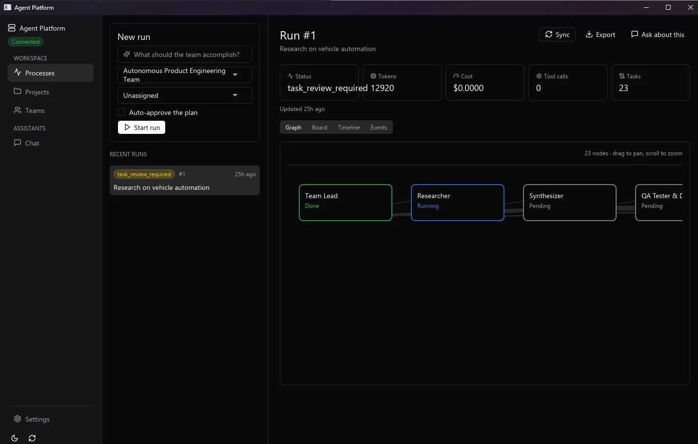 The processes view, showing the local runtimes the server is talking to.