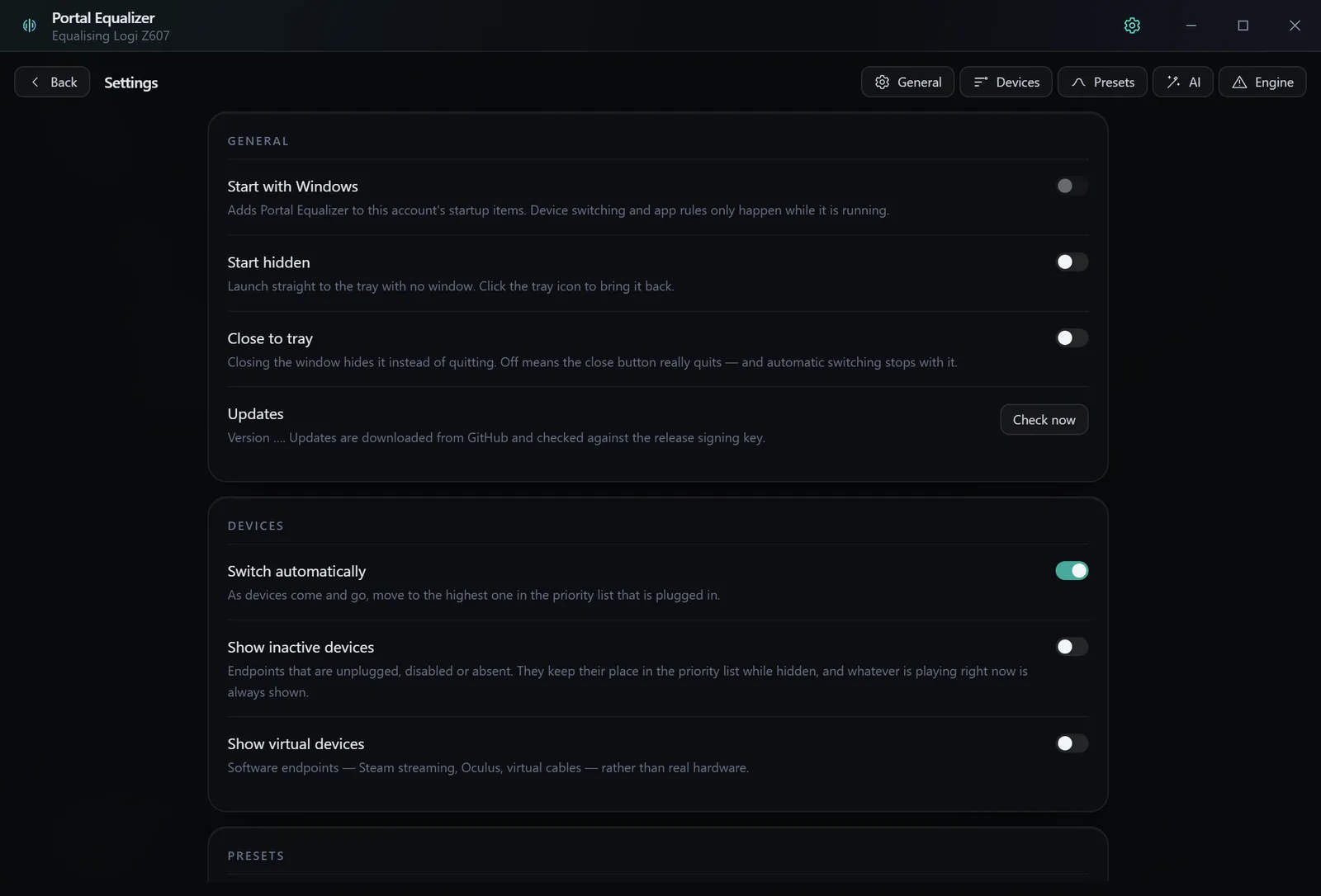Settings, including device priority and the restore action.