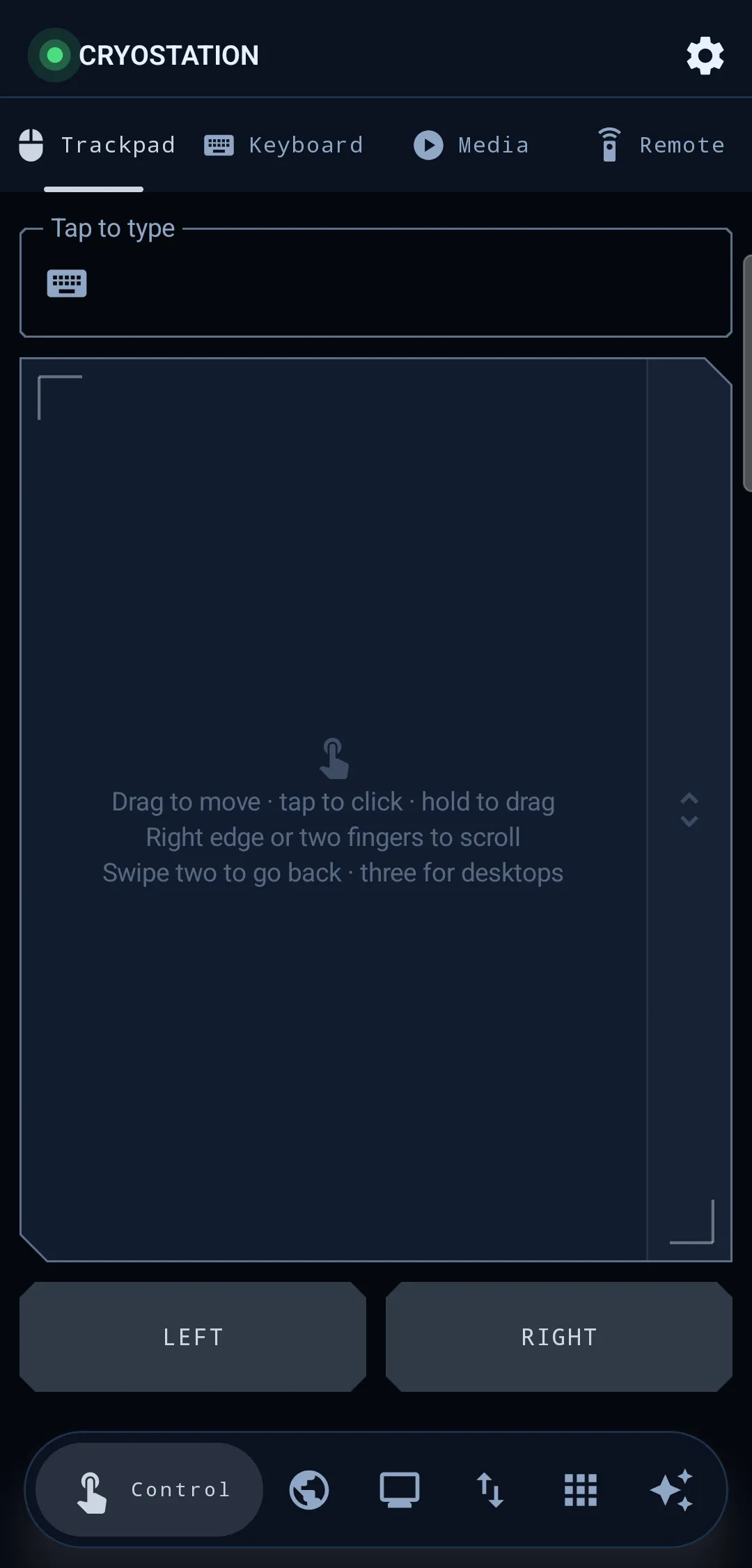 The control tab in trackpad mode: a full-surface trackpad with reticle marks at its corners and a scroll rail down the right edge, a tap-to-type field above and click buttons below.