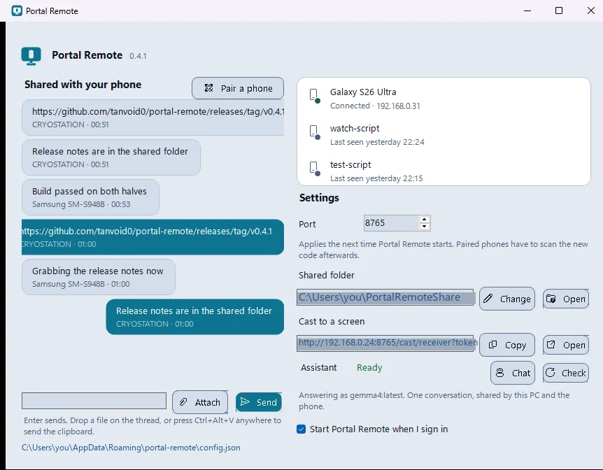 The Windows tray app: the share thread with the phone on the left, and on the right the connected phone, port, shared folder, cast link and assistant status.